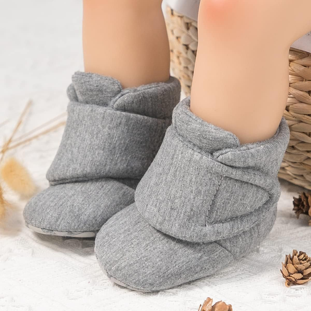 Newborn Infant Baby Girl Boy Cotton Booties Stay on Sock Slippers Soft Bedroom Shoes Non-Skid Ankle Boots with Grippers Toddler Crib Warm Shoe First Walker Birthday Shower Gift