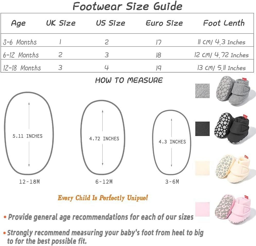 Newborn Infant Baby Girl Boy Cotton Booties Stay on Sock Slippers Soft Bedroom Shoes Non-Skid Ankle Boots with Grippers Toddler Crib Warm Shoe First Walker Birthday Shower Gift
